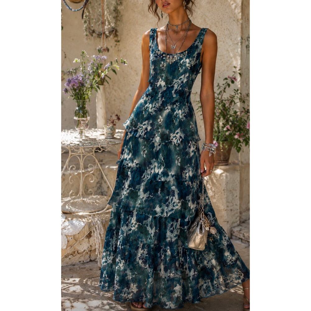 Vintage CJ Banks Teal Floral Tiered Midi Dress Beaded Neckline fairy boho 18W